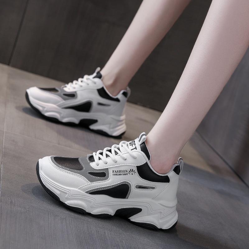 Sneakers spring, autumn and winter new color matching thick-soled dad shoes ins trendy leather surface breathable casual running shoes