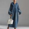 Women Deep Blue Loose Fit V Neck Button Front Puff Sleeve Denim Maxi Dress