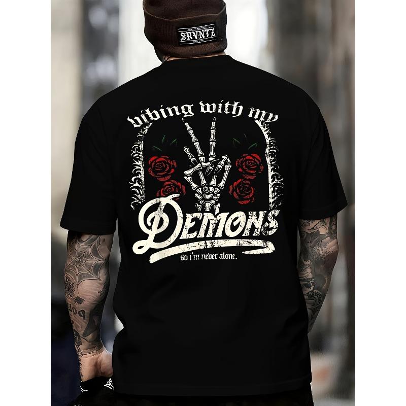 

European sizes Men S Gothic Style Graphic Tee - Black with Skull Hand, Rose, And Friendly Demon Advice Quote on The Back - 4XL