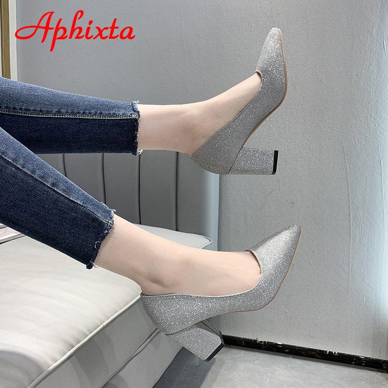 Fashion Aphixta Pointed Toe Shoes Women Pumps 7.5cm Career Square Heels Bling Fashion Work Office Party Shoes Super Big Size 49 50