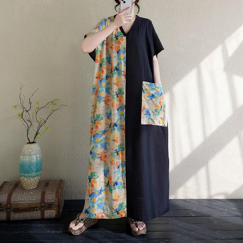 Short Sleeve Plus Size Cotton Vintage Floral New In Dresses for Women Casual Loose Maxi Long Summer Dress