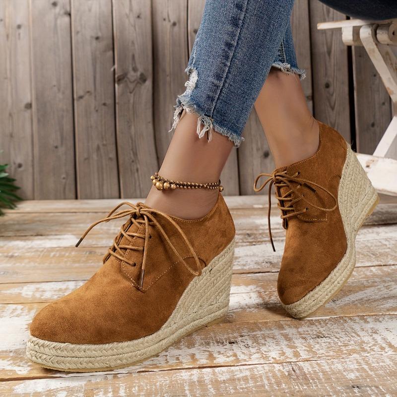 Women's Solid Color Stylish Shoes, Lace Up Low-top Platform Wedge Shoes, Espadrilles Round Toe Versatile Shoes