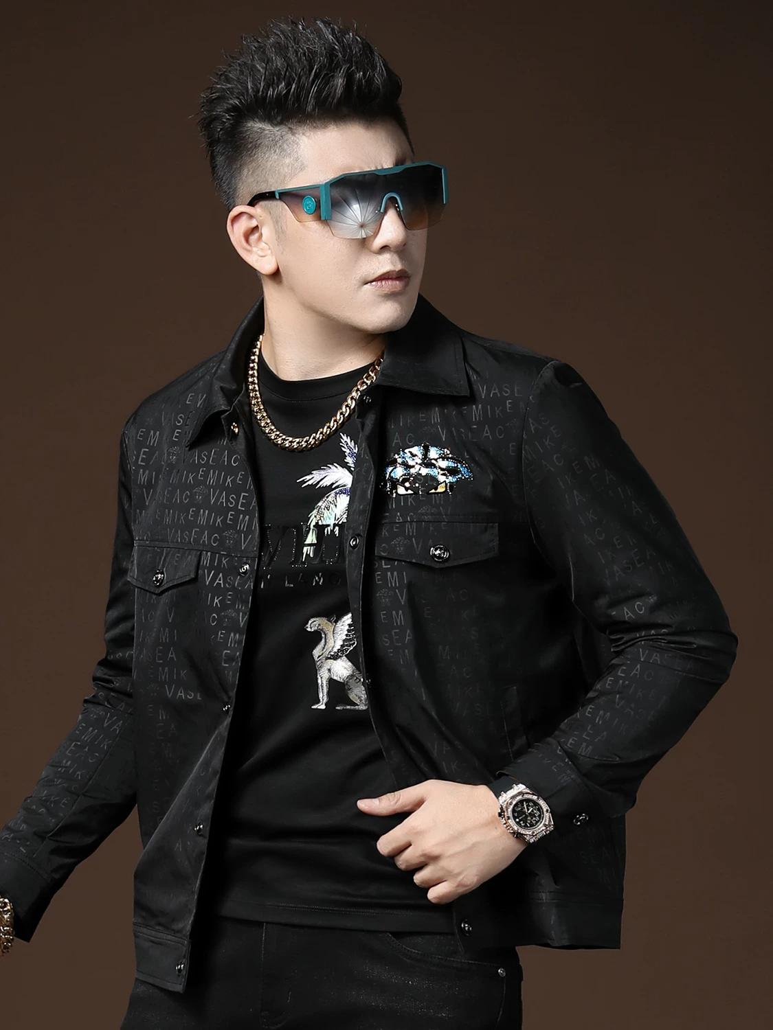 

European Station Accessible Luxury Men s Clothing 2025 New Arrival Letters Rhinestone Trendy Classy Jacket Outwear Men s Autumn Wear Top Clothes 4XL чёрный