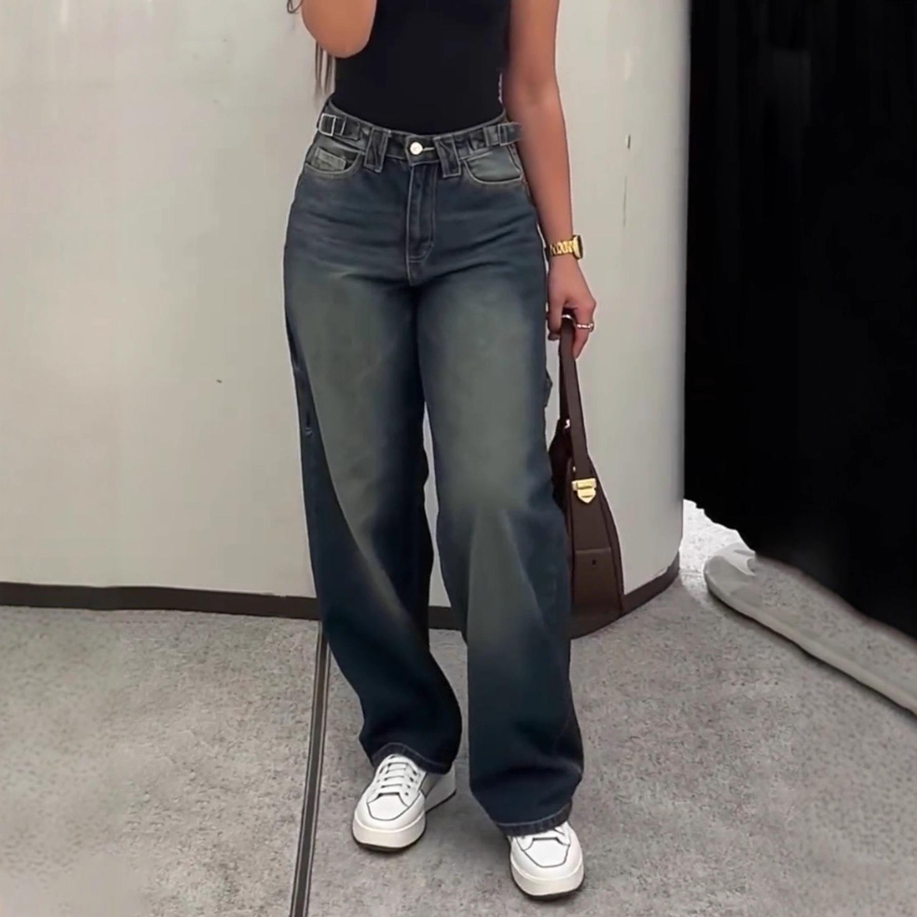 

Women s Fashionable Adjustable Waist Jeans - European and American Style, Long, Casual. XXL синий