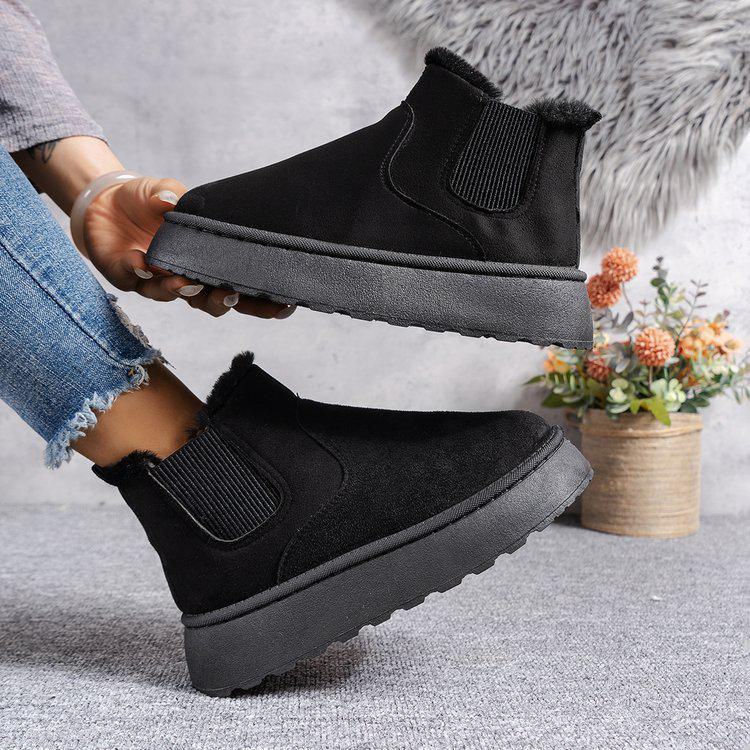 Thick-Soled Flannel Snow Boots with Elastic Band: Solid Color, Casual, and Comfortable