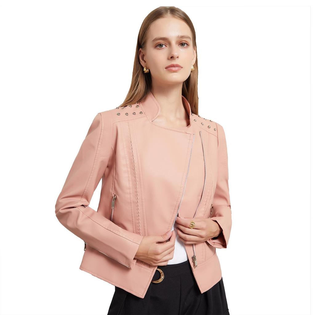 European Women's Beaded Leather Motorcycle Jacket - Long Sleeve, Lapel, Thin Fashion for Spring and Autumn 2023