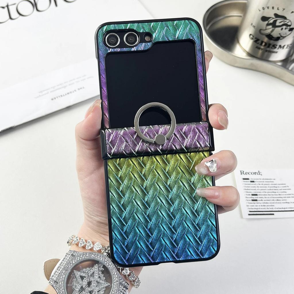 Ring Holder Weave Leather Plastic Phone Case for Samsung Galaxy Z Flip 6 5 4 3 Flip6 Flip4 Flip5 Hard Shell Shockproof Cover