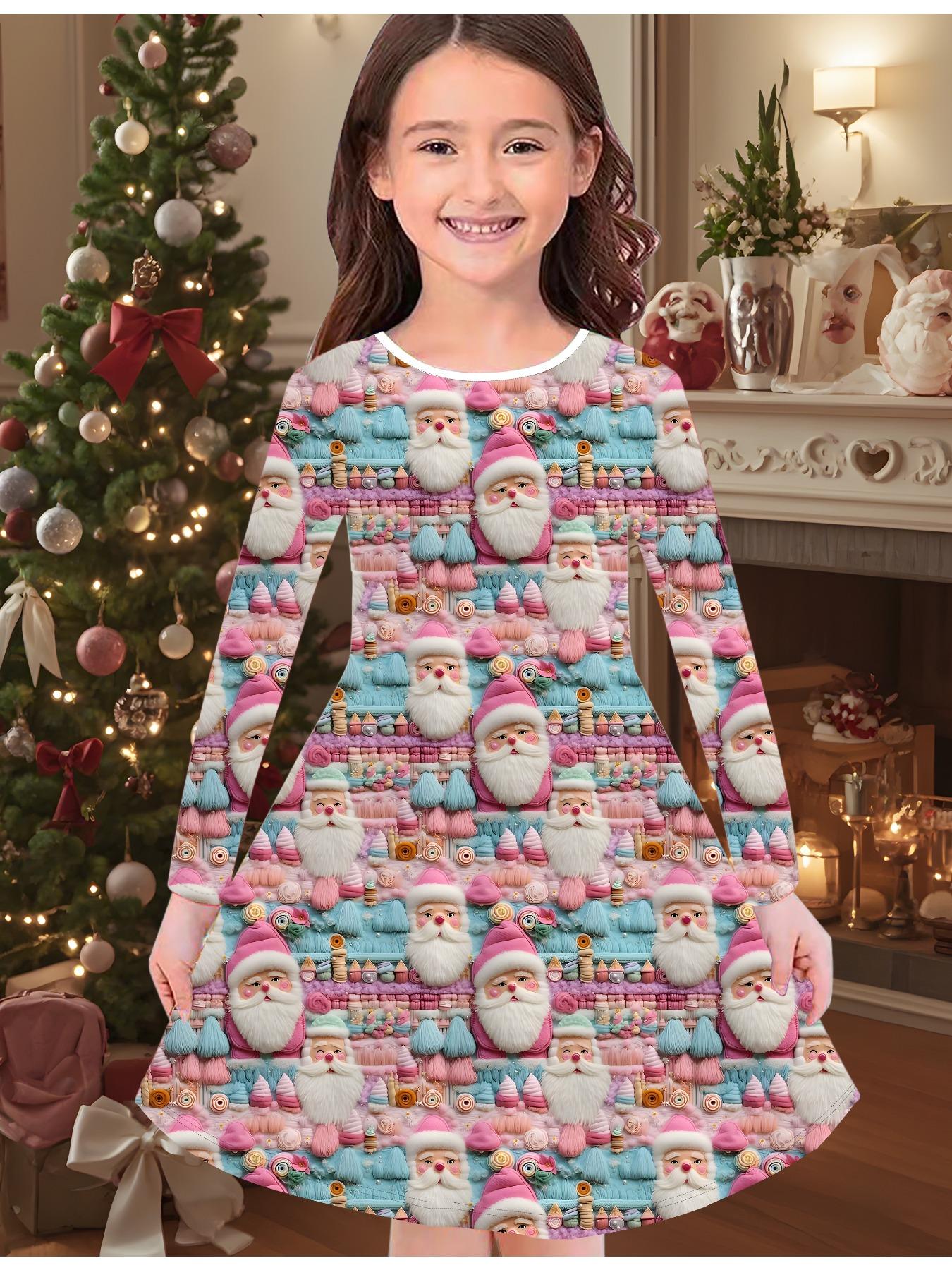 

Модное осенне-зимнее платье для девочек, 3D Рождественский принт, Круглый вырез, Длинное детское платье-футболка, Повседневное универсальное, Рождественская одежда 170 розовый