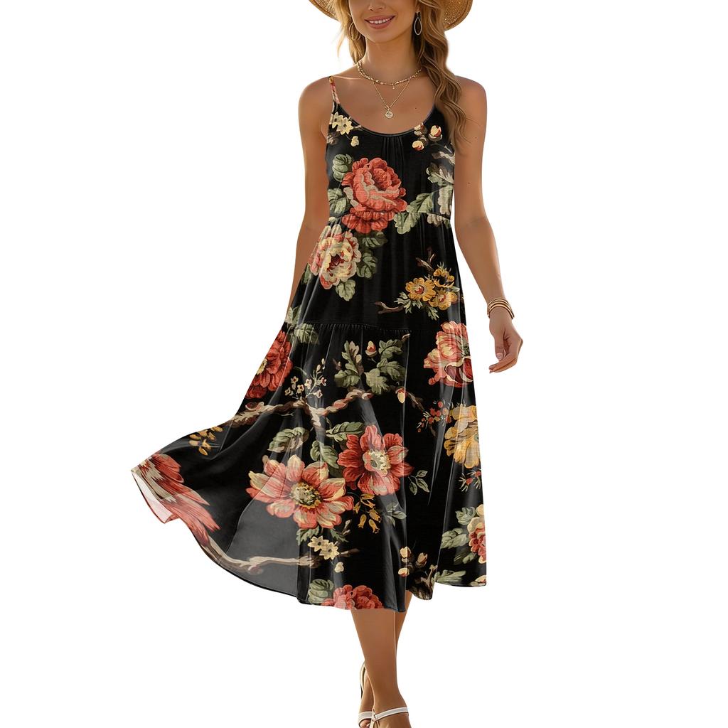 Ärmelloses Damen Maxikleid mit Spaghettiträgern, Farbverlaufdruck, Sommerlich, Fließend, Mehrlagig, Strandkleid, Lässig, Locker sitzend, Strandmode