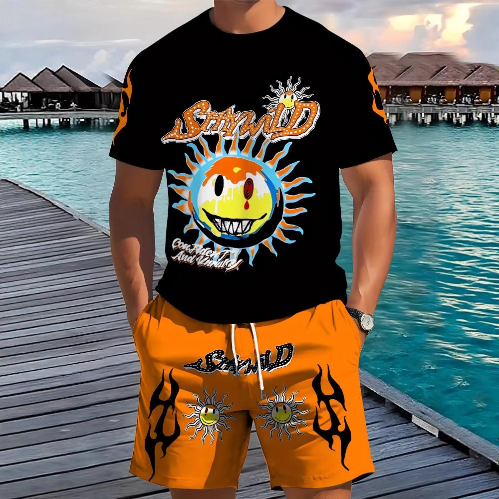 Fashion Men s Sun Print Short Sleeve Suit Casual Sports Two-piece Set Comfortable Daily Unisex Sports Clothing S