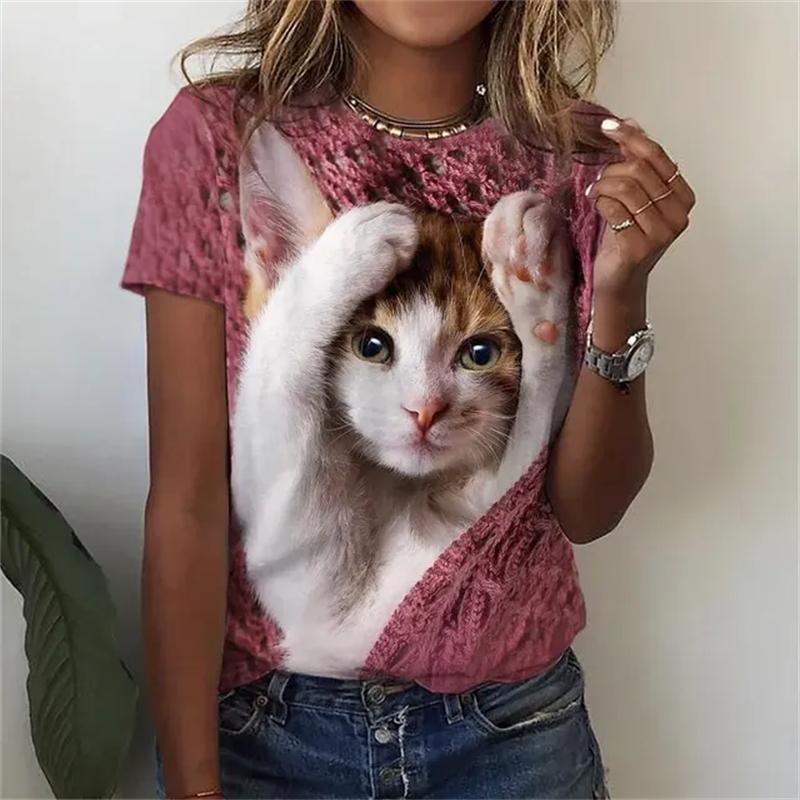 Women's T Shirts Funny 3D Kawaii Cat Print T-Shirts Fashion O-neck Short Sleeve Top Oversized Female Y2k Clothing Cute Girl Tees