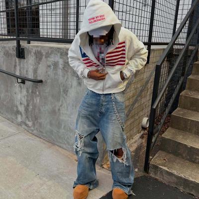 European and American Y2K Letter Printed Pocket Personalized Trend Loose Hooded Hip-hop Cardigan Sweatshirt