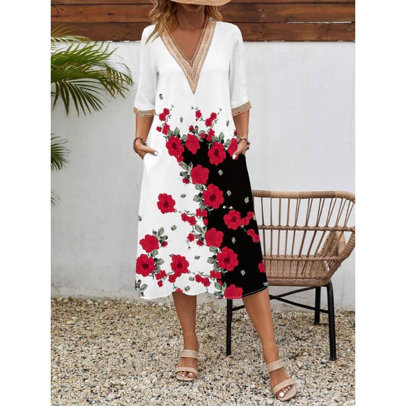 

Женское весенне-летнее платье с короткими рукавами и принтом, кружевное платье с V-образным вырезом и короткими рукавами средней длины XXL
