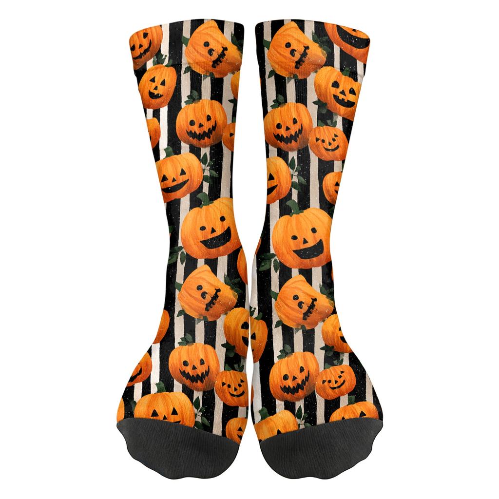 Unisex Breathable Mid-Calf Socks Halloween Pumpkin Pattern Comfortable Stretch Fit Athletic Socks for Everyday Wear