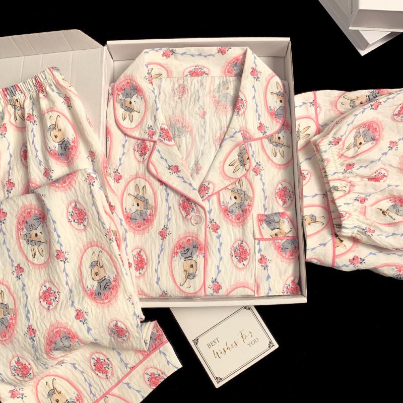 Letnia Piżama Damska Homewear Trzyczęściowa Miękka Bawełna Chmury Piżama z Krótkim Rękawem Damska Kreskówkowy Nadruk Homewear