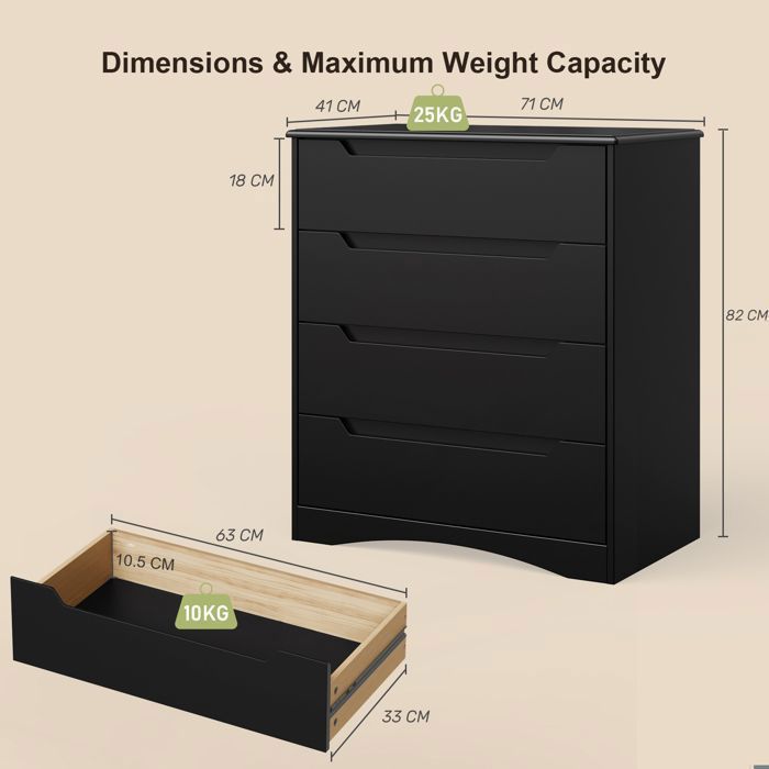 Commode - Bealife - 4 Tiroirs - Commode De Chambre - Noir - 71 X 41 X 82 Cm