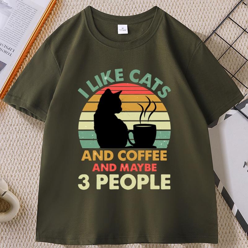 Cats and Coffee Sunset Tshirt I Like Cats and Maybe 3 People Tshirt Casual Cotton Printed Short Sleeve T Shirt Streetwear Tops