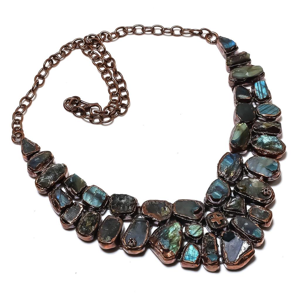 Labradorite Handmade Gemstone Necklace, Copper Electroformed Necklace Antique Jewelry, Adjustable Necklace Engagement Gift