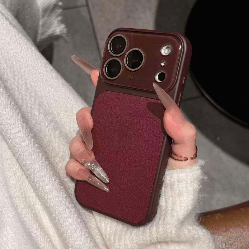 Leather Texture Drop-Proof Case for iPhone 14/15/16/17 Pro Max - Solid Color Design.