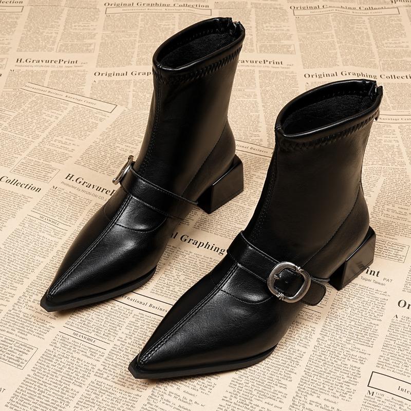 Metal Buckle Block Heel Single Boots Fashion Pointed Toe Rear Zipper Anti-Slip Wear-Resistant