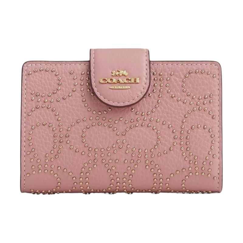 COACH corner 13 metal logo snap closure refined pebbled leather wallet women s pink pink золотой