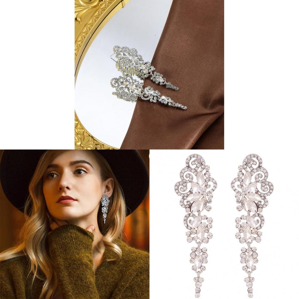 Art Deco Crystal Flower Earrings With Long Dangle For Womens Fashion Accessory