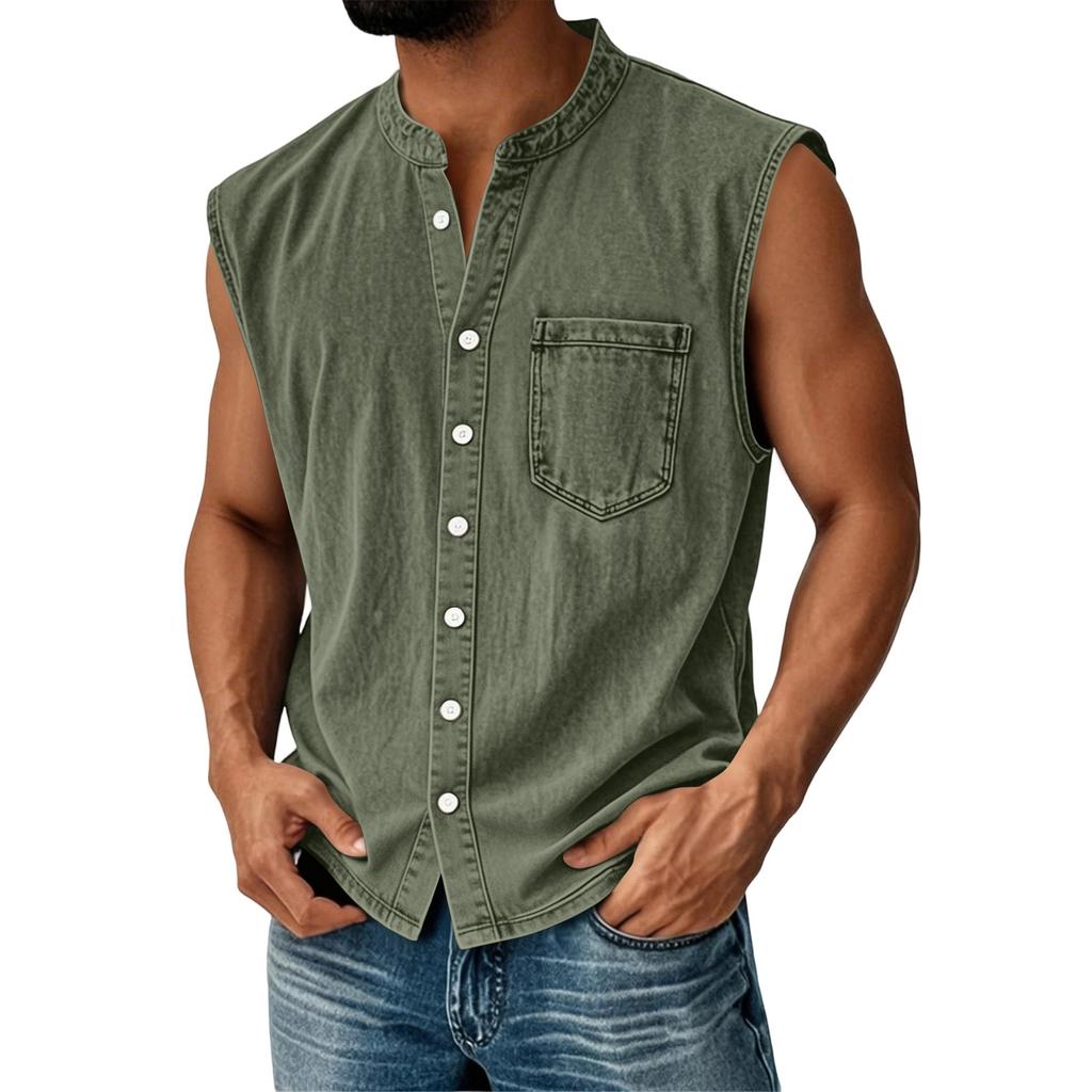Men's Summer Fashion Distressed Denim Shirt. Men's Casual Sporty Sleeveless Button-down Vest.