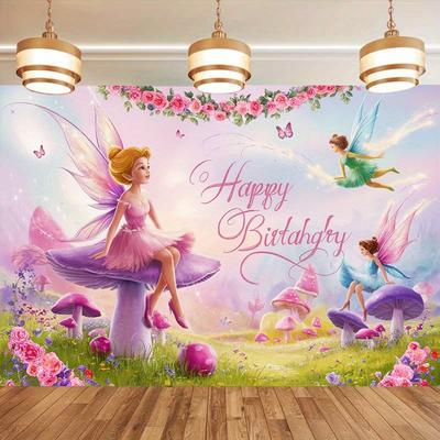 Happy Birthday Fairy Garden Floral Theme Colorful Design, 1pc Polyester Party Backdrop Banner, Photo Booth Background, Wall Decor