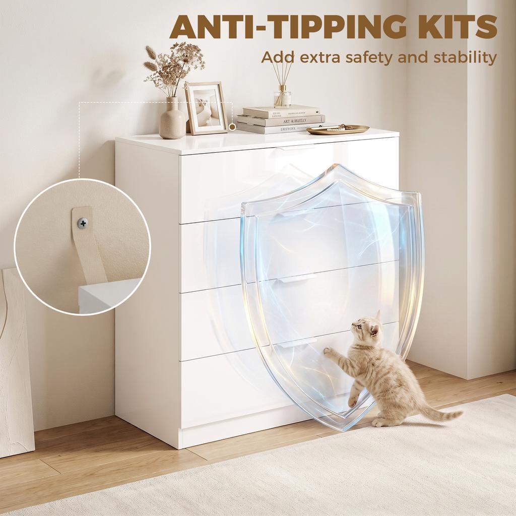 High Gloss 4-Drawer Chest of Drawers, Space-Saving Bedroom Storage Unit with Smooth Runners, White