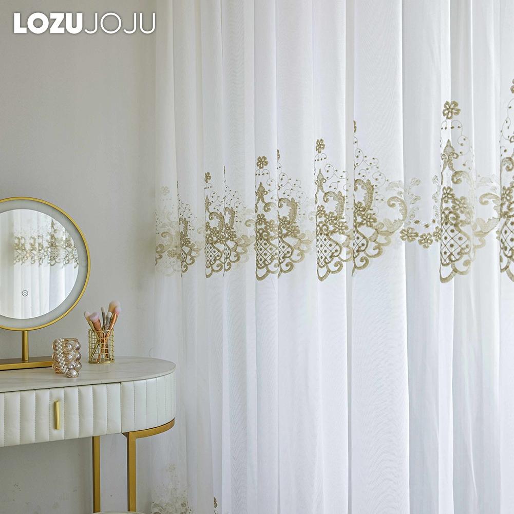 1PC LOZUJOJU French Style Gold Thread Embroidered Sheer Curtain Romantic Style Luxury Tulle for Living Room Bedroom Balcony Window Home Decor