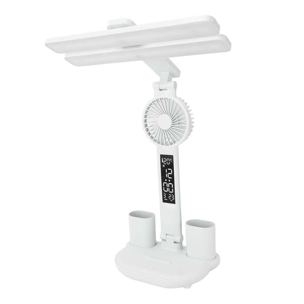 LED Desk Light with Fan and Clock Calendar Touch Control 3 Lighting Modes Rechargeable Dimmable