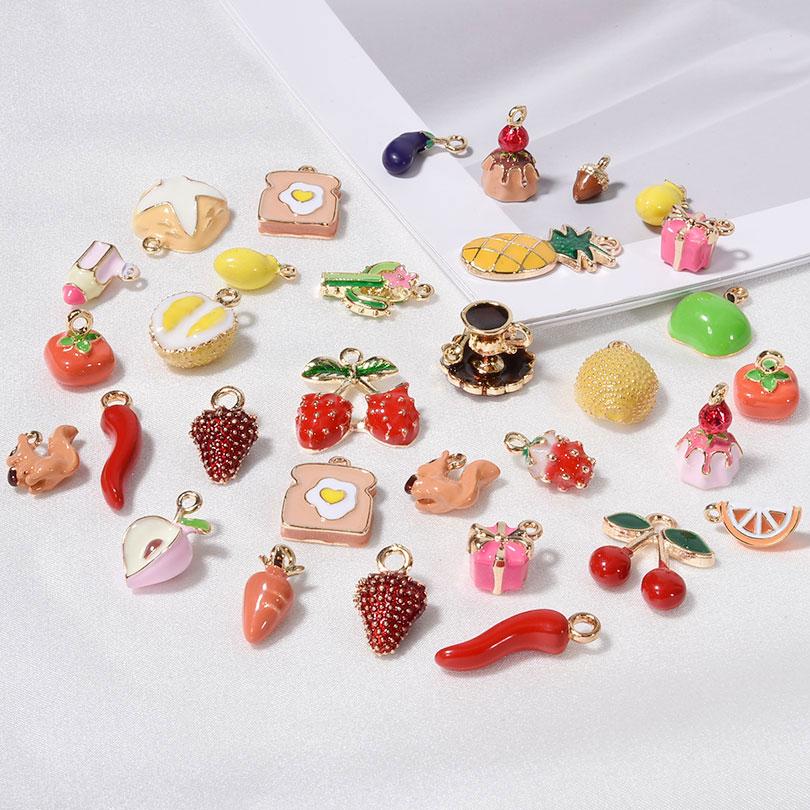 6pcs/Lot 3D Vegetable Fruit Oil Drop Charms For Jewelry Making Supplies Cherry Durian Cute Pendant Handmade Bracelets Materials