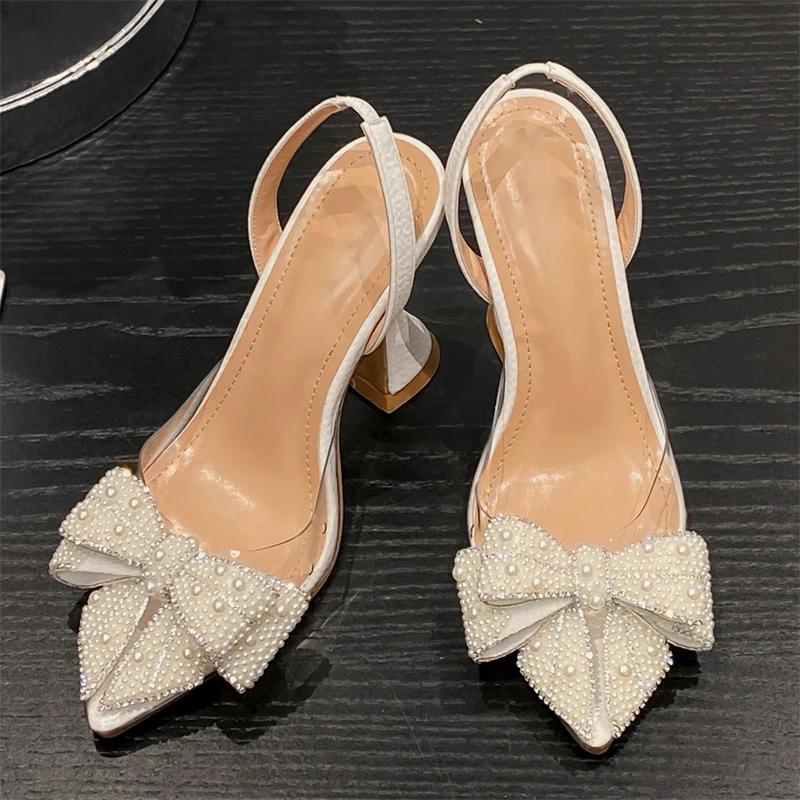 Fashion Eilyken Spring Butterfly-knot PVC Transparent String Bead Women Pumps Sandals Fashion Pointed Toe Party High Heels Mule Shoes