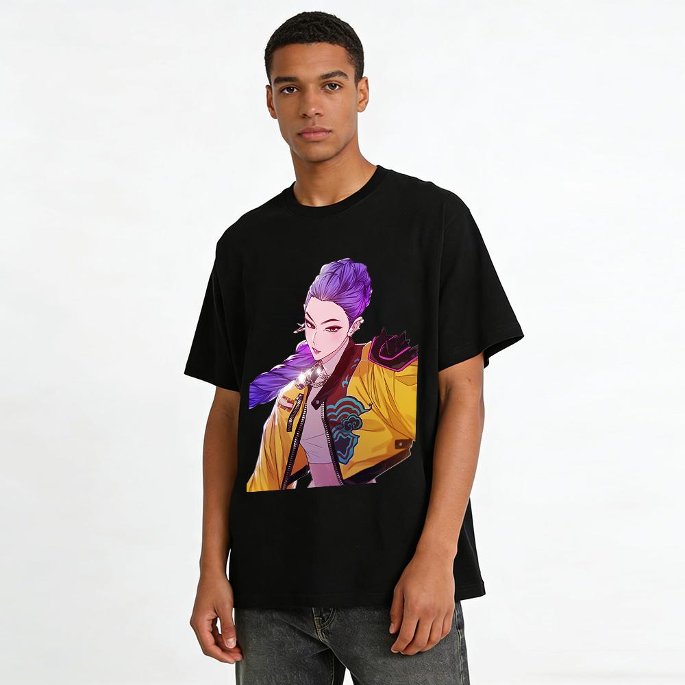 Cool Chinese Style Purple Hair Girl Print Crop Top Streetwear Rivet Shoulder Design Navel-exposed Jacket Pure cotton T-shirt