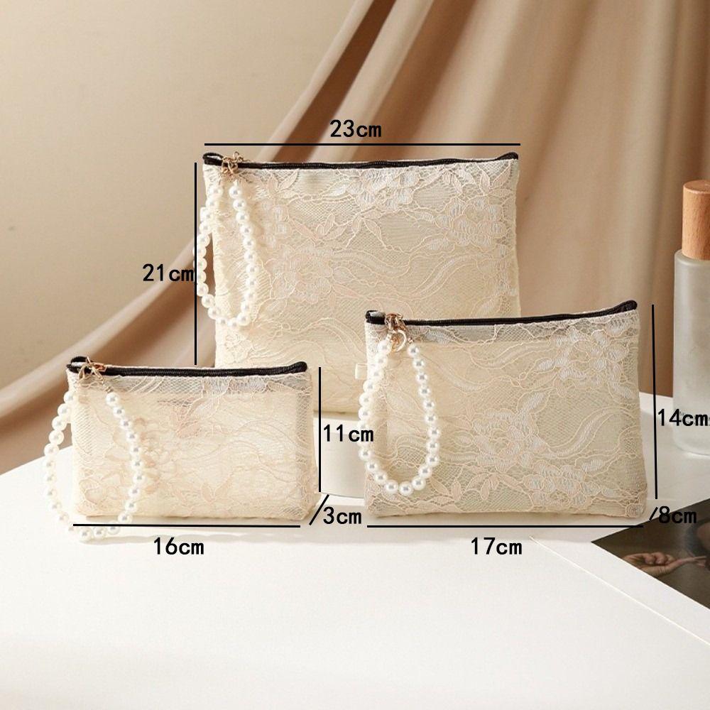 New Portable Lace Cosmetic Pouch Multifunctional with Imitation Pearl Chain Makeup Bag Wallet Travel Organizer