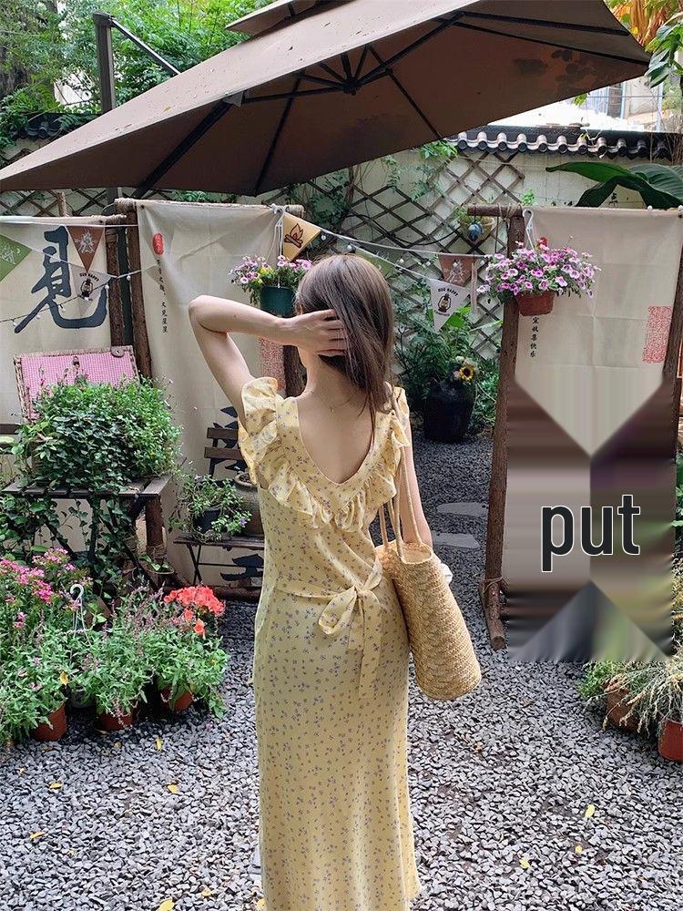 French Girl Floral Ruffle Midi Dress - Sexy Slim Lace Spaghetti Strap Summer Vacation Dress