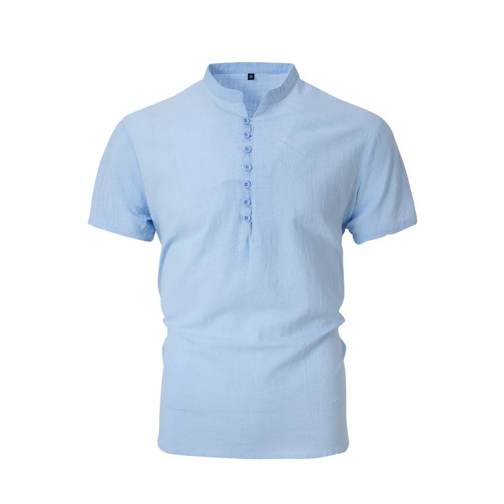 New Men's Retro Cotton Linen Casual Henry Collar Short-sleeved Shirt