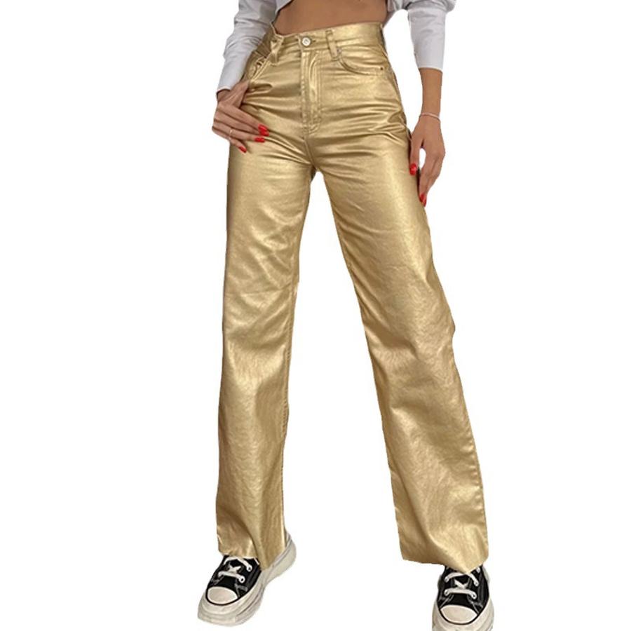 Spring/Autumn Pocket Loose Wide Leg Retro Straight Leg Gold Silver Pants Women's Trousers