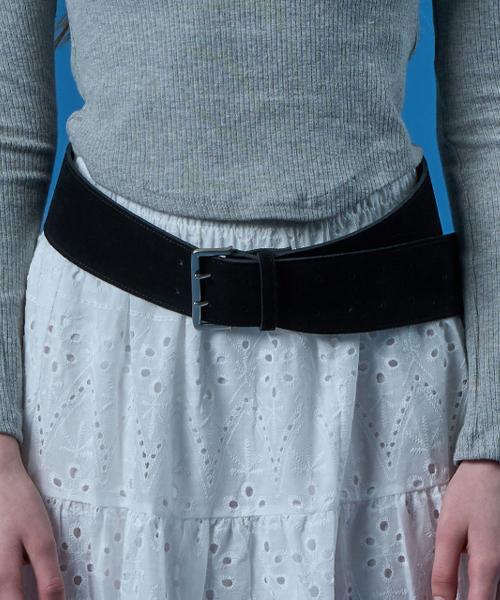 KOLEAT Suede Natural Cowhide Wide Layered Big Buckle Belt [Black]