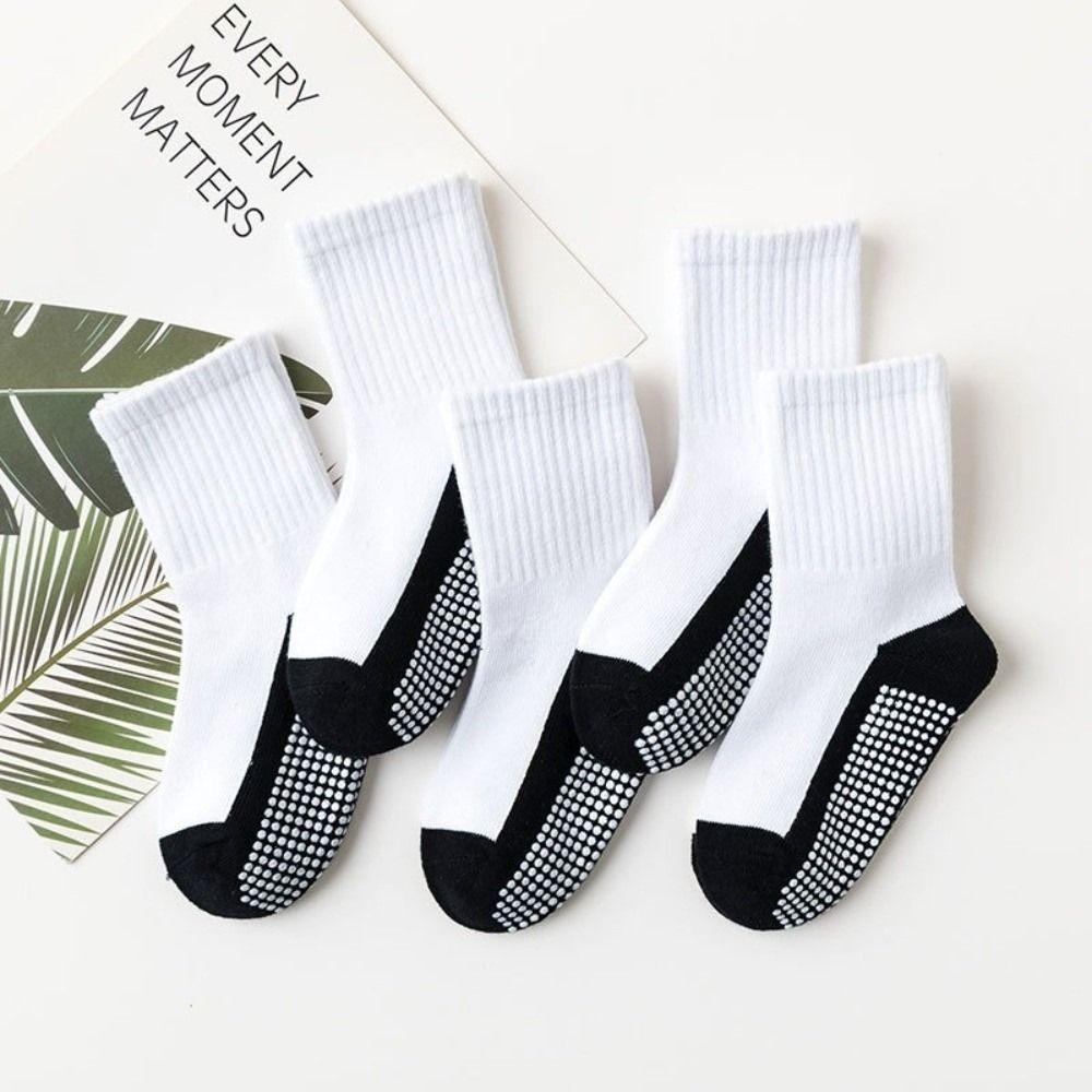 5Pairs Mid Tube Children's Floor Socks Solid Cotton Student Sports Socks with Grips  for Boys Girls