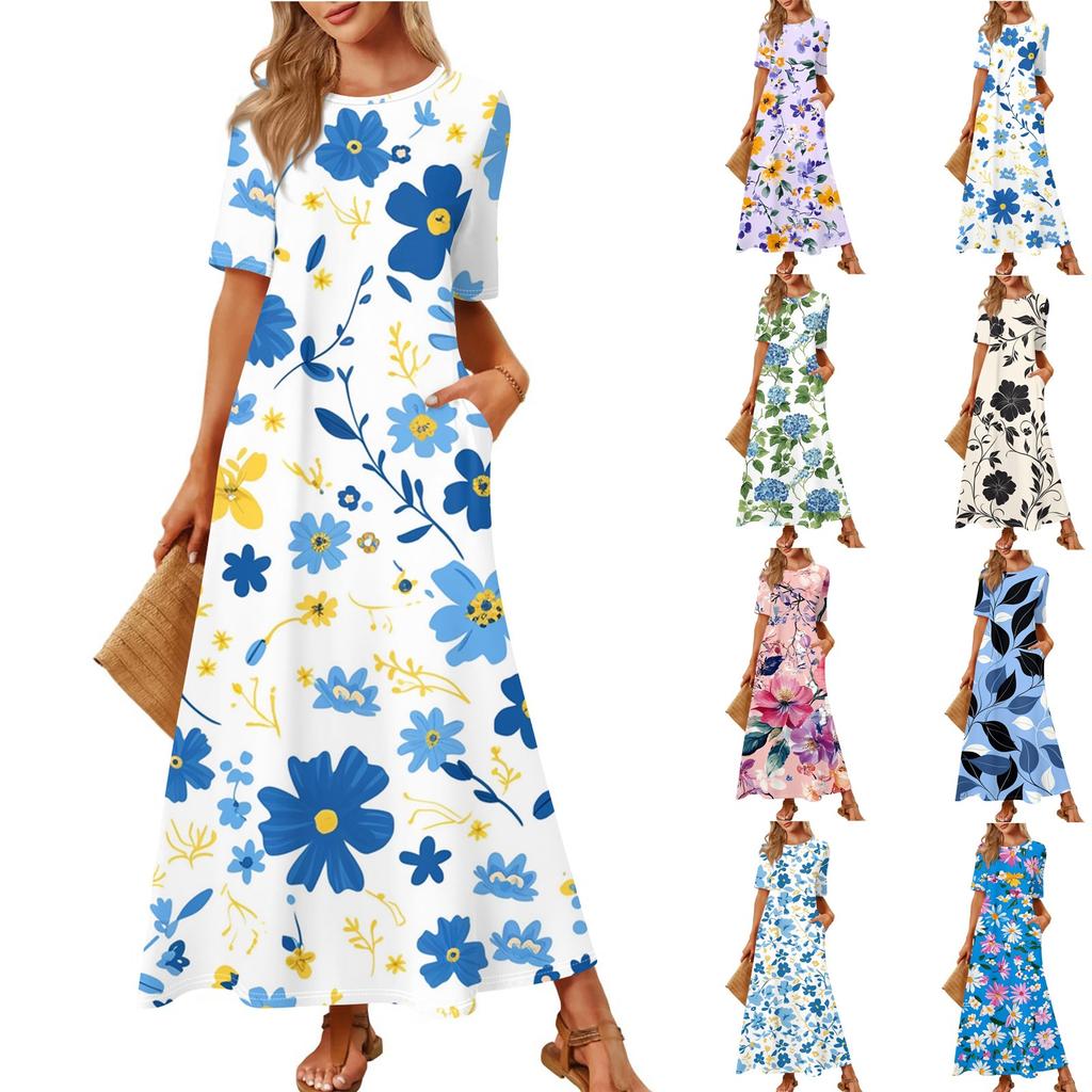 Dames Modieuze En Casual Lange Strandrok Ronde Hals Korte Mouwen Losse Retro Print Jurk
