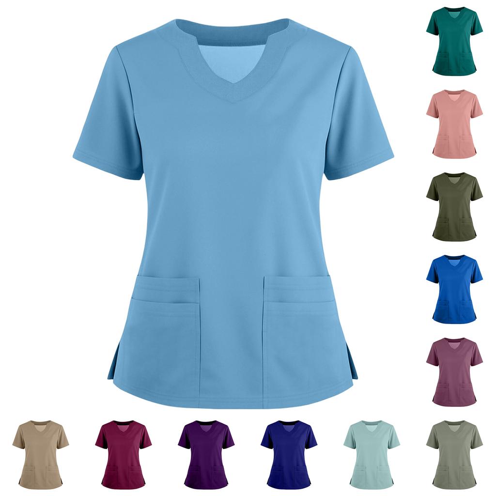 Women's Short Sleeved Solid Color V-neck Buttonable Side Slit Top T-shirt