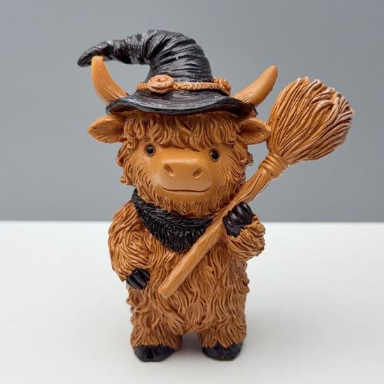 2Pcs Halloween Highland Cow Resin Figurine Wizard Hat Pumpkin Broom Cattle Statue Sculpture Holiday Party Decoration Ornament