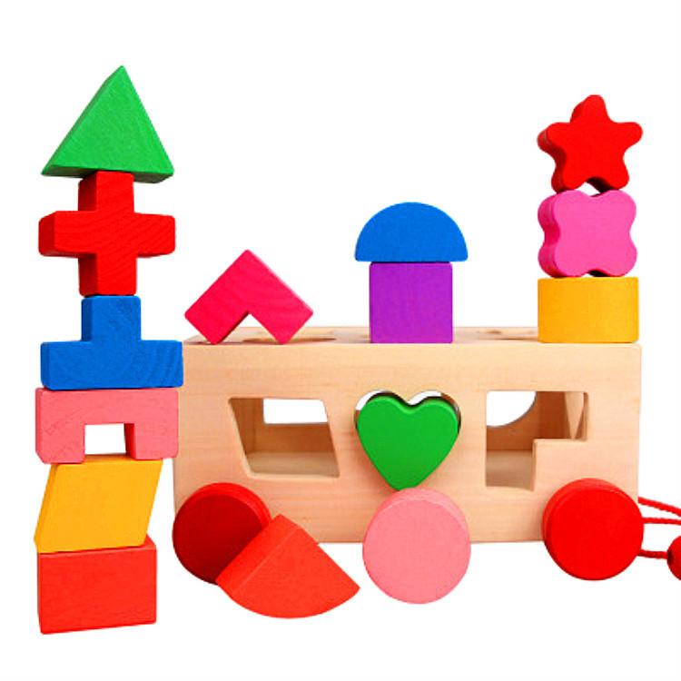 Wooden Building Block Trolley Toy With Storage For Kids Learning And Development