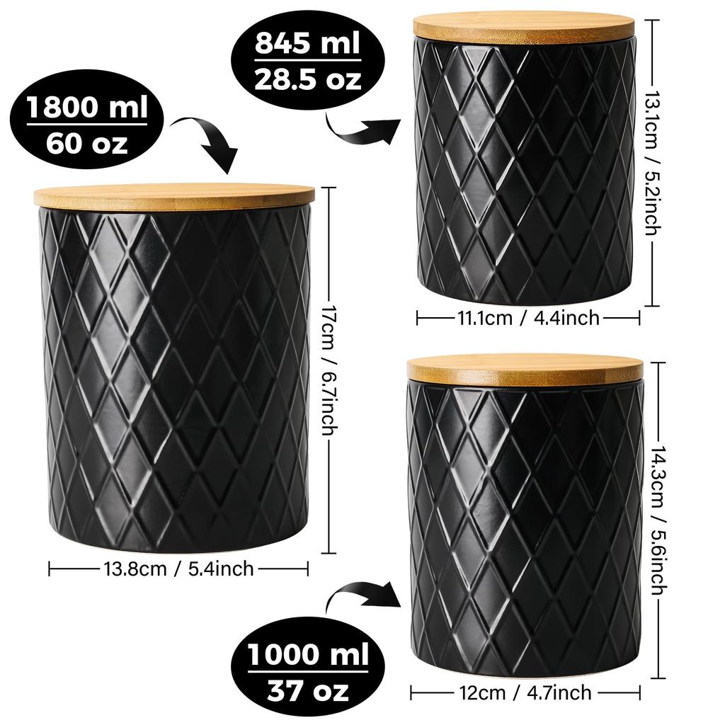 MIAMIO Kitchen Canister Set of 3 Ceramic Canisters with Wooden Airtight Perfect for – Lid, Coffee, Tea, Sugar, Flour, Salt, Etc. (Black)