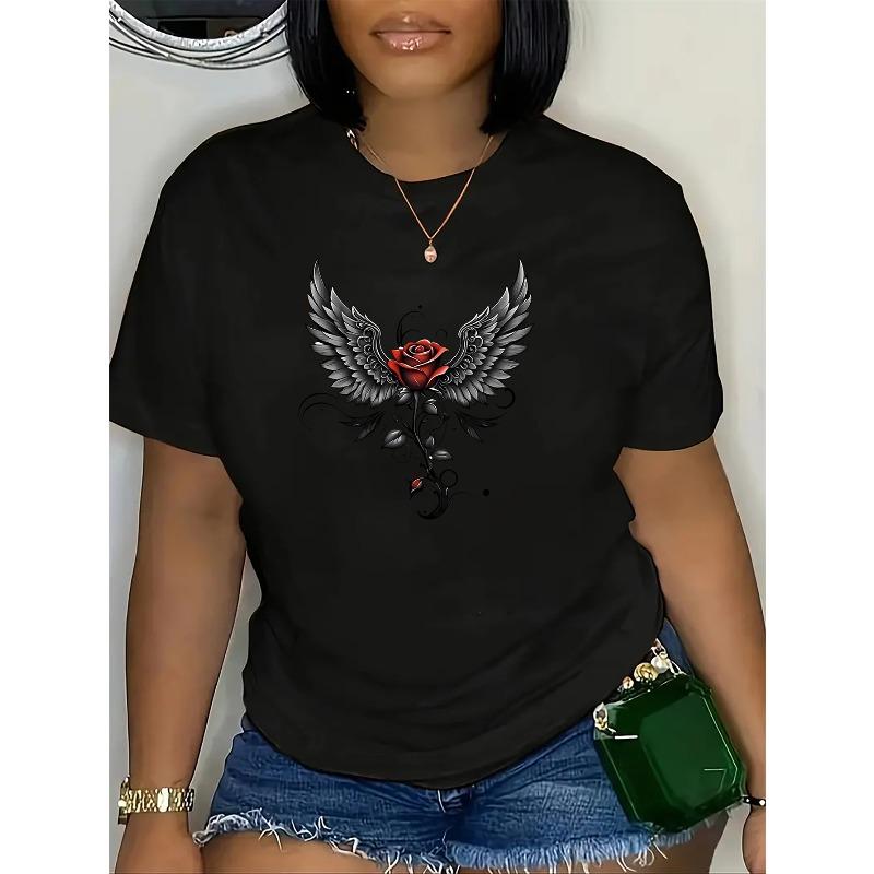 European Size Angel Wing Rose Graphic Women's Fashion Casual Sporty T-Shirt with Crew Neck, Polyester Blend