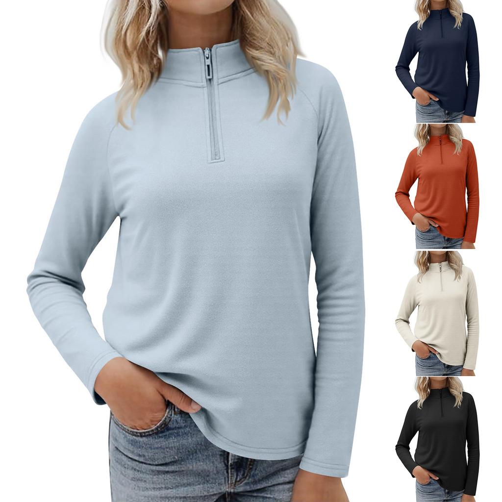 Women's Casual Stand Collar Zipper Velvet Solid Color Long Sleeve Top