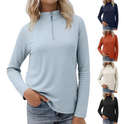 Women's Casual Stand Collar Zipper Velvet Solid Color Long Sleeve Top