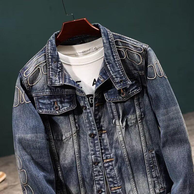 Men's Trendy Retro Embroidered Denim Motorcycle Jacket – Casual Loose-Fit, Versatile Autumn/Winter Style