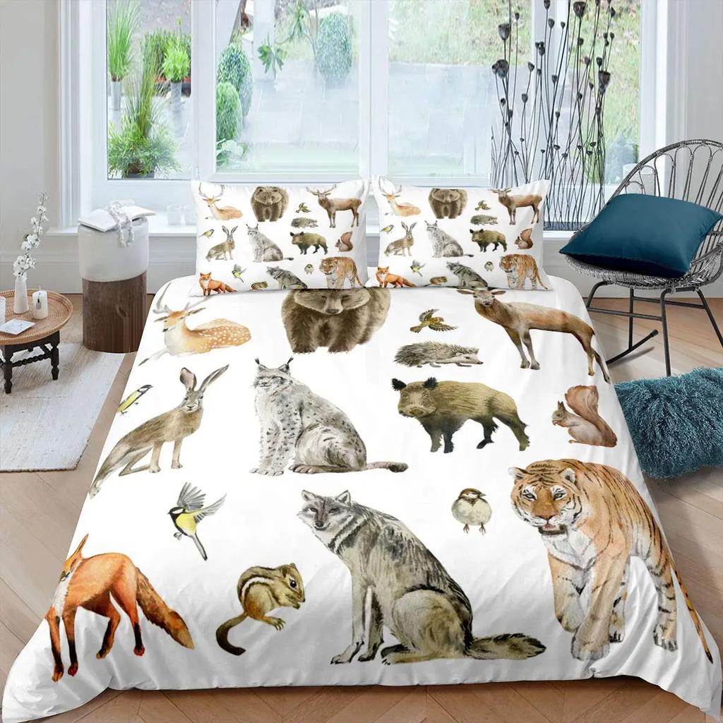 Comforter Cute Forest Animals Theme S King Size Fox Deer Rabbit Owl Hedgehog Flowers Comforter Set 2/3Pcs Bedding Set